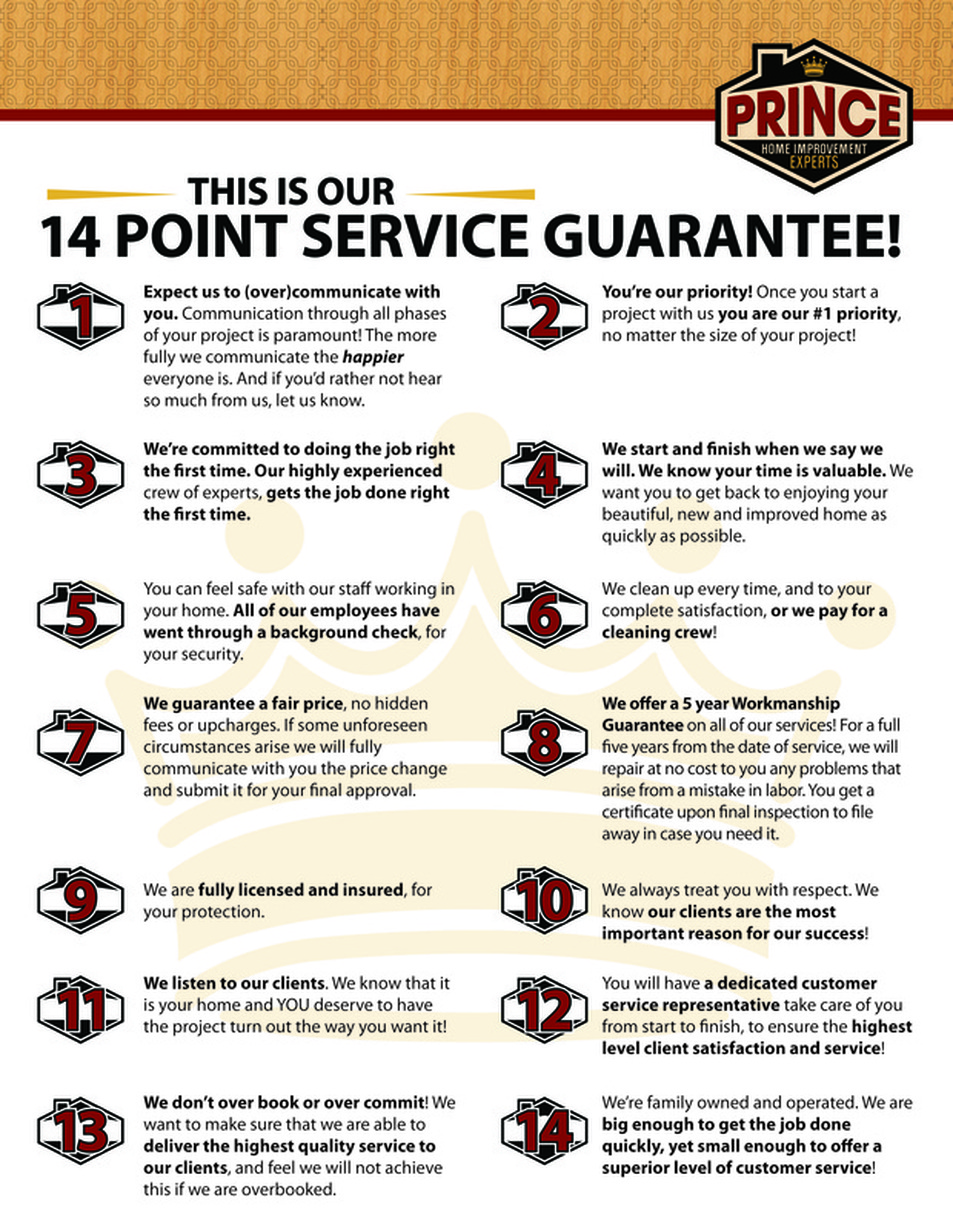 14 Point Service Guarantee Prince Home Improvement Experts